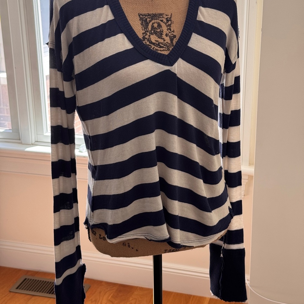 Free People Navy Blue and White Long Sleeve Relaxed Feather Lightweight Sweater